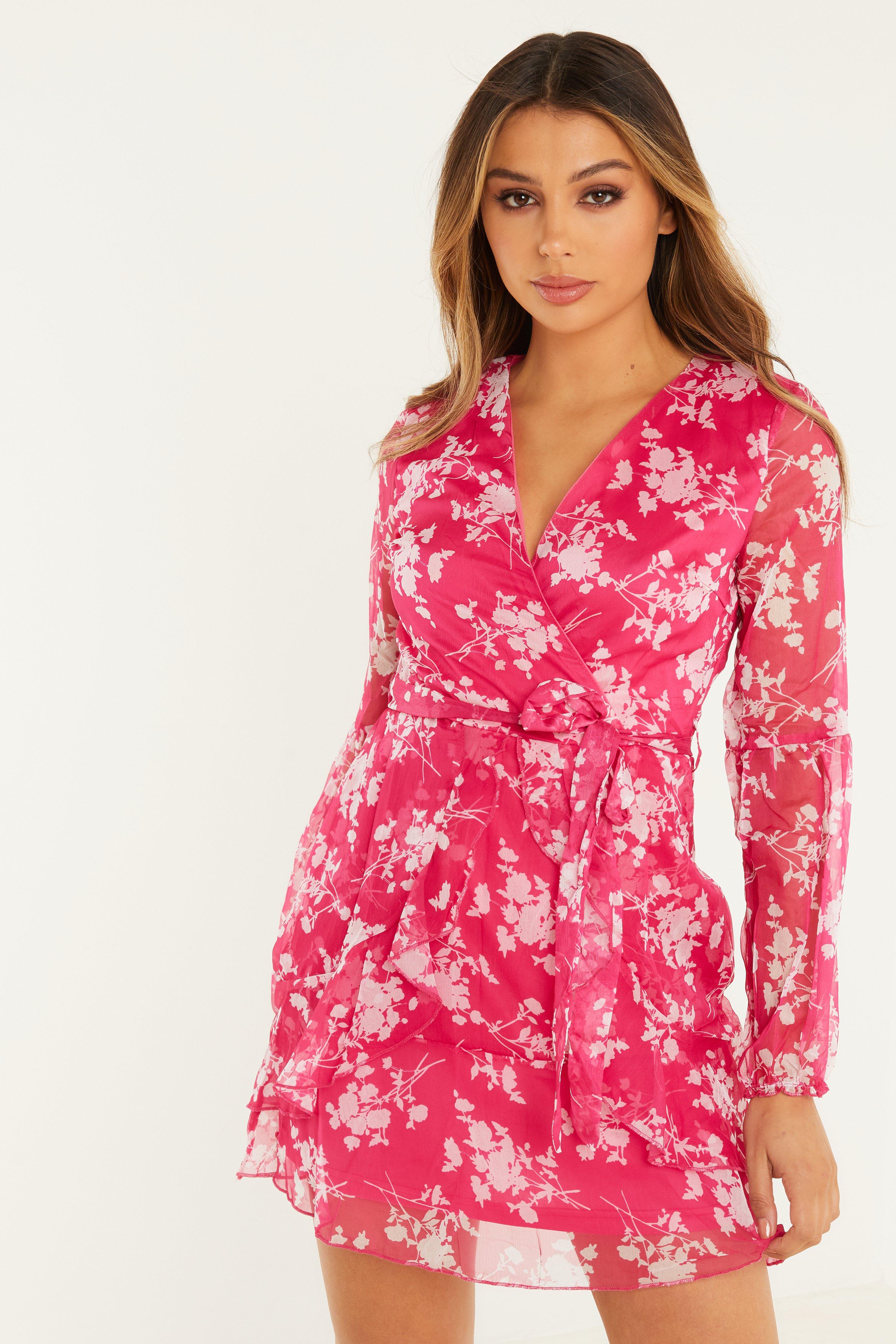 Pink \u0026 White Floral Chiffon Wrap Dress - Quiz Clothing
